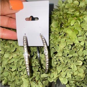 New Diamond Accent Large Thin Hoop Earrings in Silver Plate